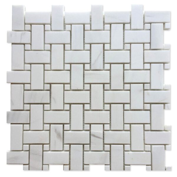 A white tile floor with a basket weave pattern.