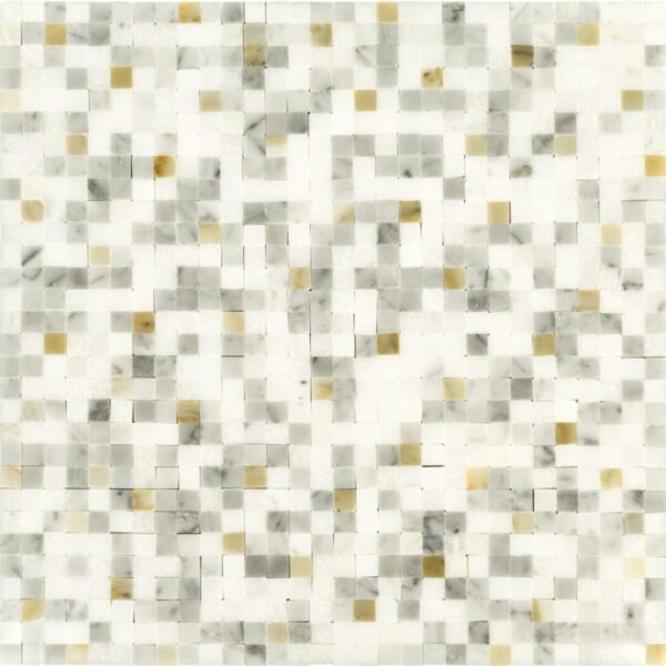 A white and gold tile background with squares.