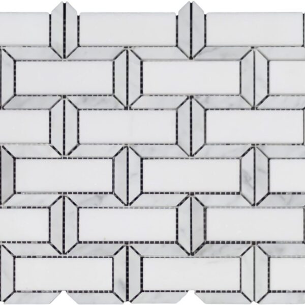 A white and black tile wall with many lines