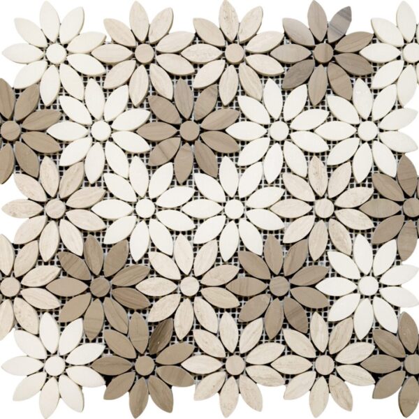 A flower pattern mosaic tile is shown in shades of brown and white.