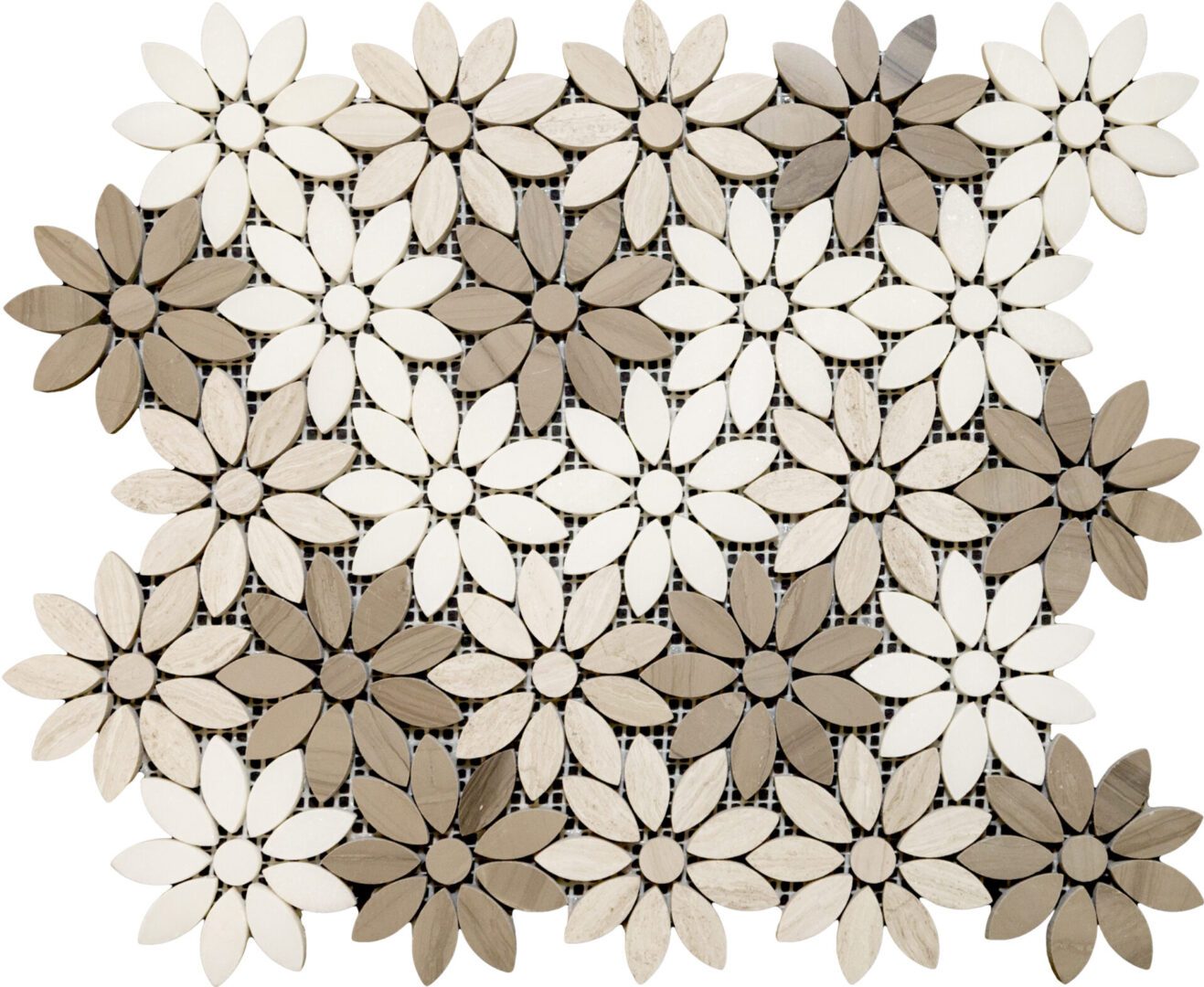 A flower pattern mosaic tile is shown in shades of brown and white.