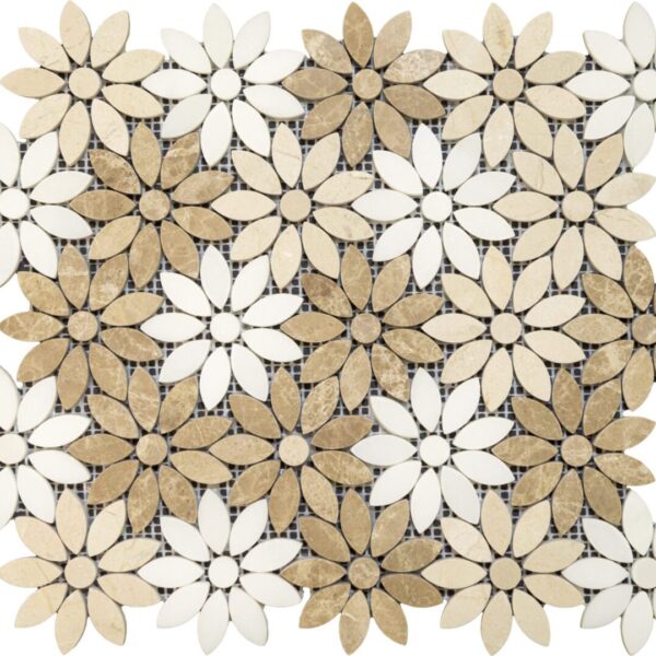 A mosaic of flowers in shades of brown and white.