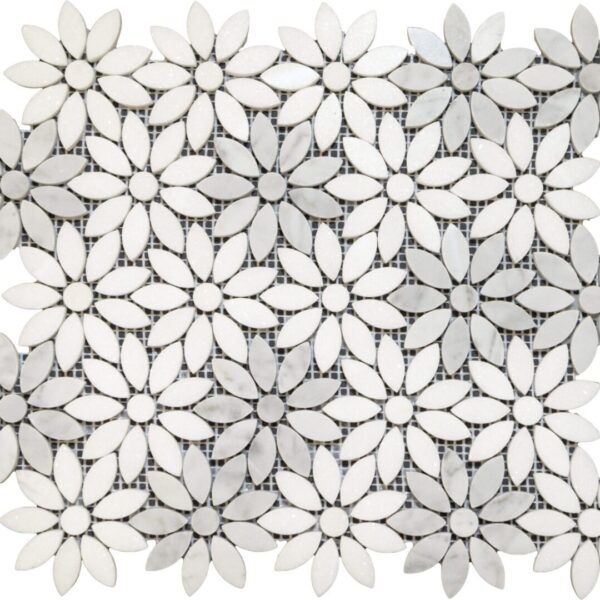 A white and gray flower mosaic tile pattern.