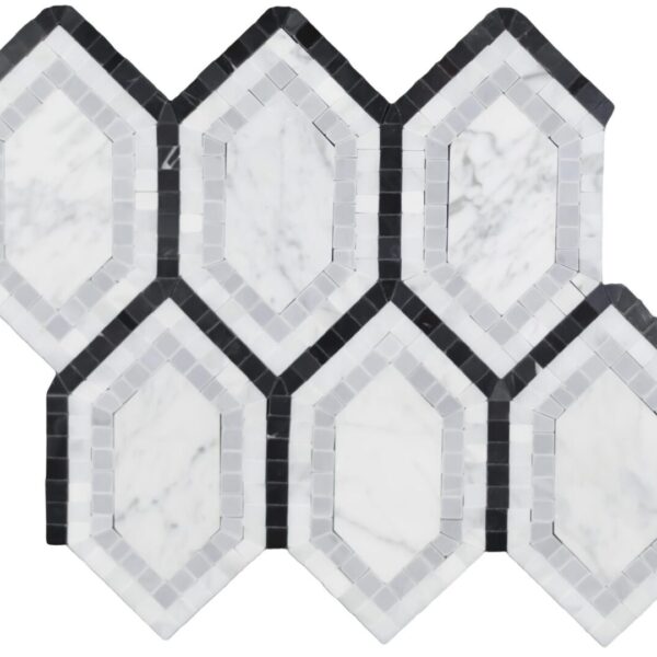 A white and black tile floor with hexagonal shapes.