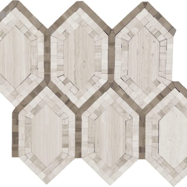 A white and brown tile floor with hexagonal design.
