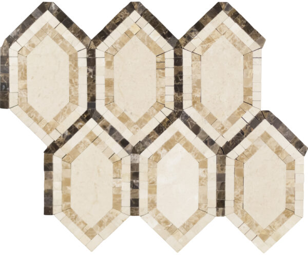 A series of hexagonal tiles with brown and beige accents.