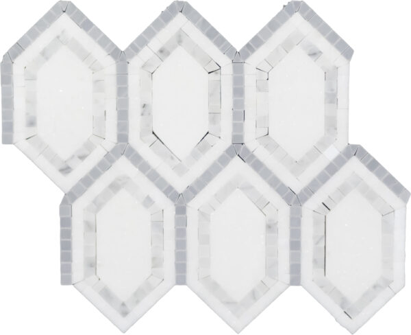 A white and gray tile floor with hexagonal shapes.
