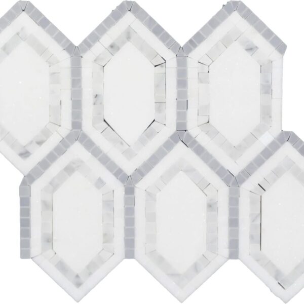 A white and gray tile floor with hexagonal shapes.