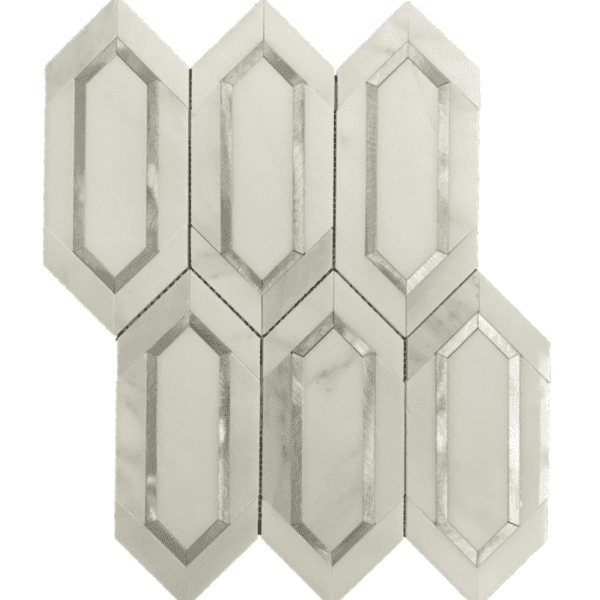A white tile with silver metallic accents.