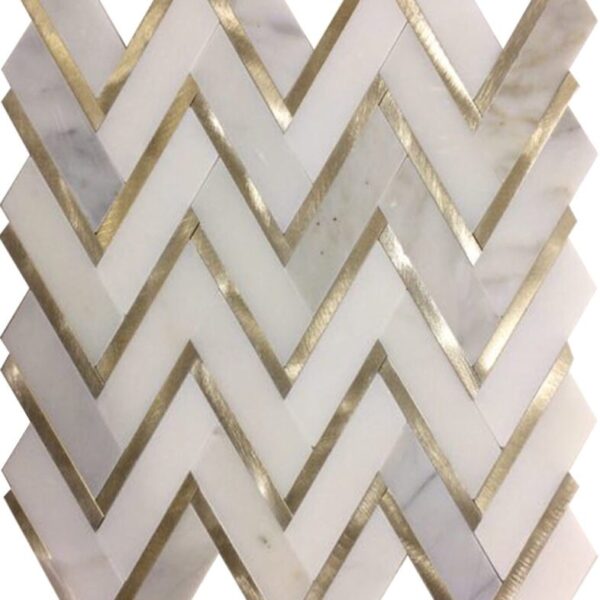 A white and gold tile pattern with a large chevron design.