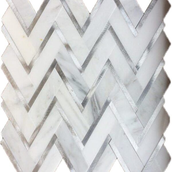 A white tile with a pattern of zig zag lines.