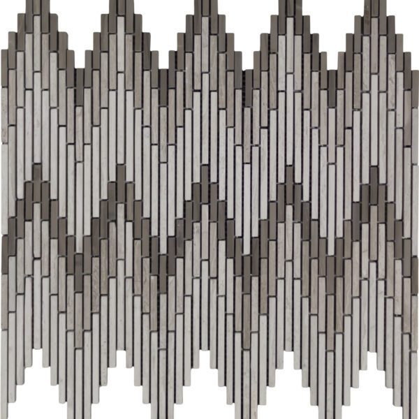 A silver tile with a pattern of vertical lines.