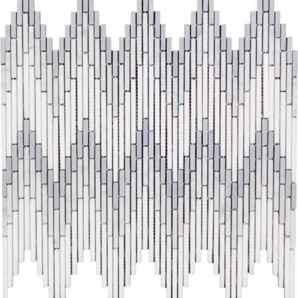 A white and silver tile wall with a pattern of vertical lines.