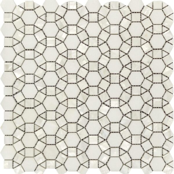 A white tile floor with black and silver geometric design.