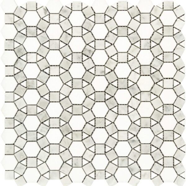 A white and black tile floor with hexagonal pattern.