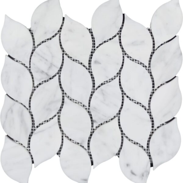 A white leaf shaped tile with black grout.