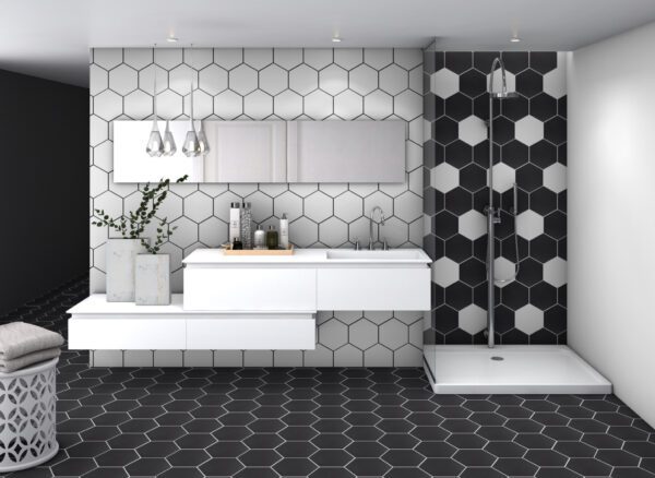 Hexagon avail in black and white porcelain tiles on display
