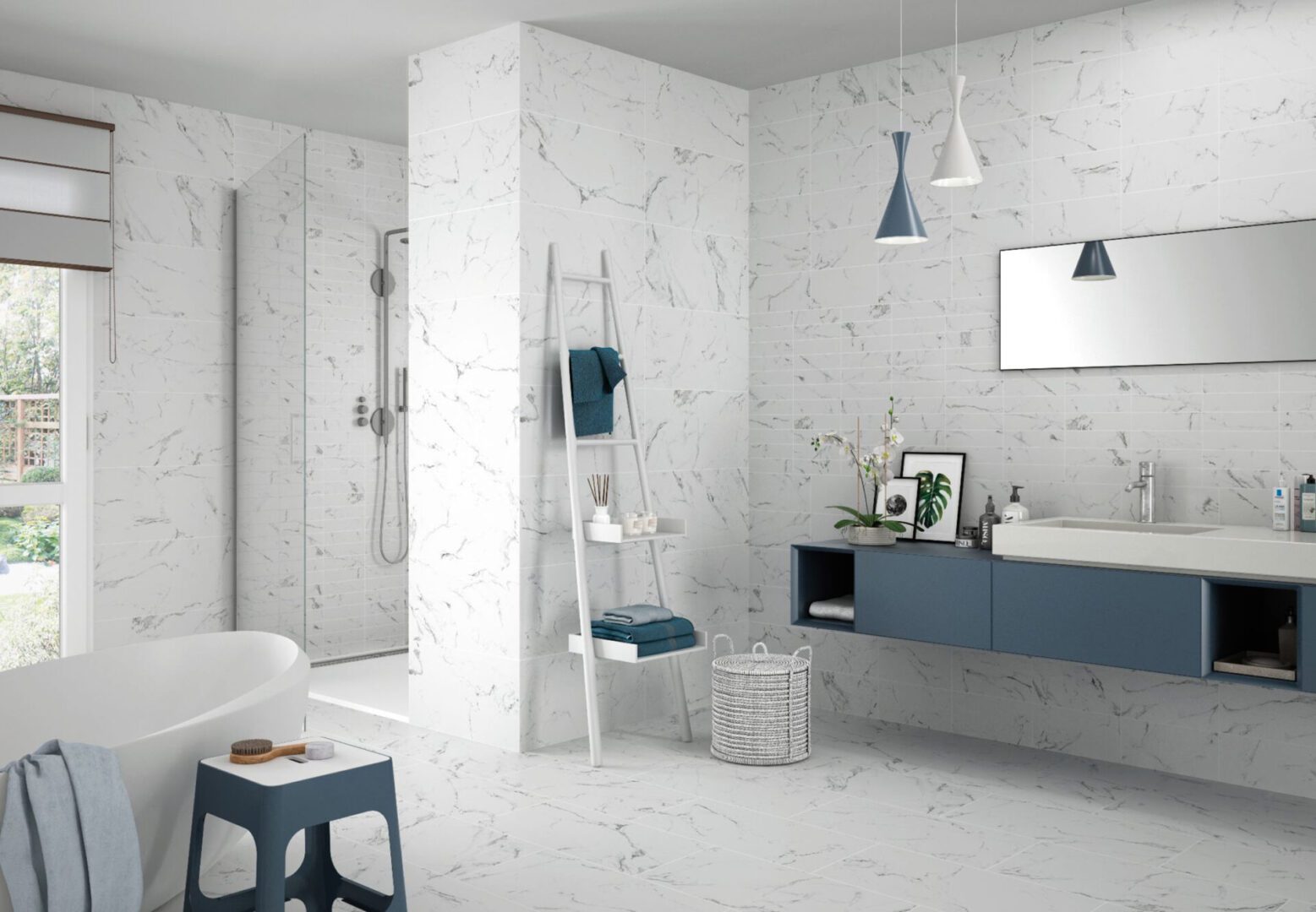 A bathroom with white walls and blue accents.
