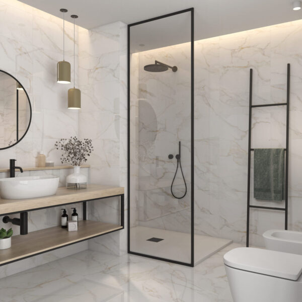 A modern bathroom with marble floors and walls.