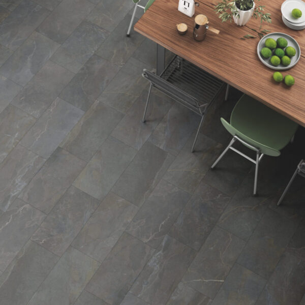 slate look porcelain tile with gray white and copper tones